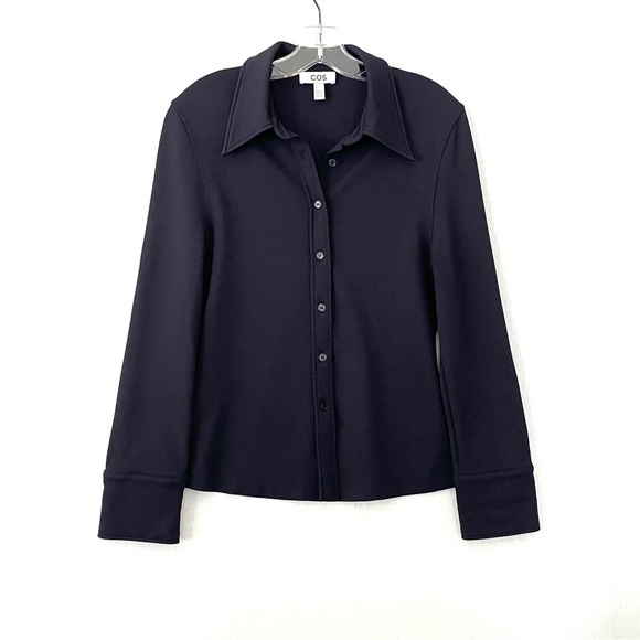 COS Exaggerated Collar Button Up Jersey Shirt in Navy Blue Small - Picture 4 of 12